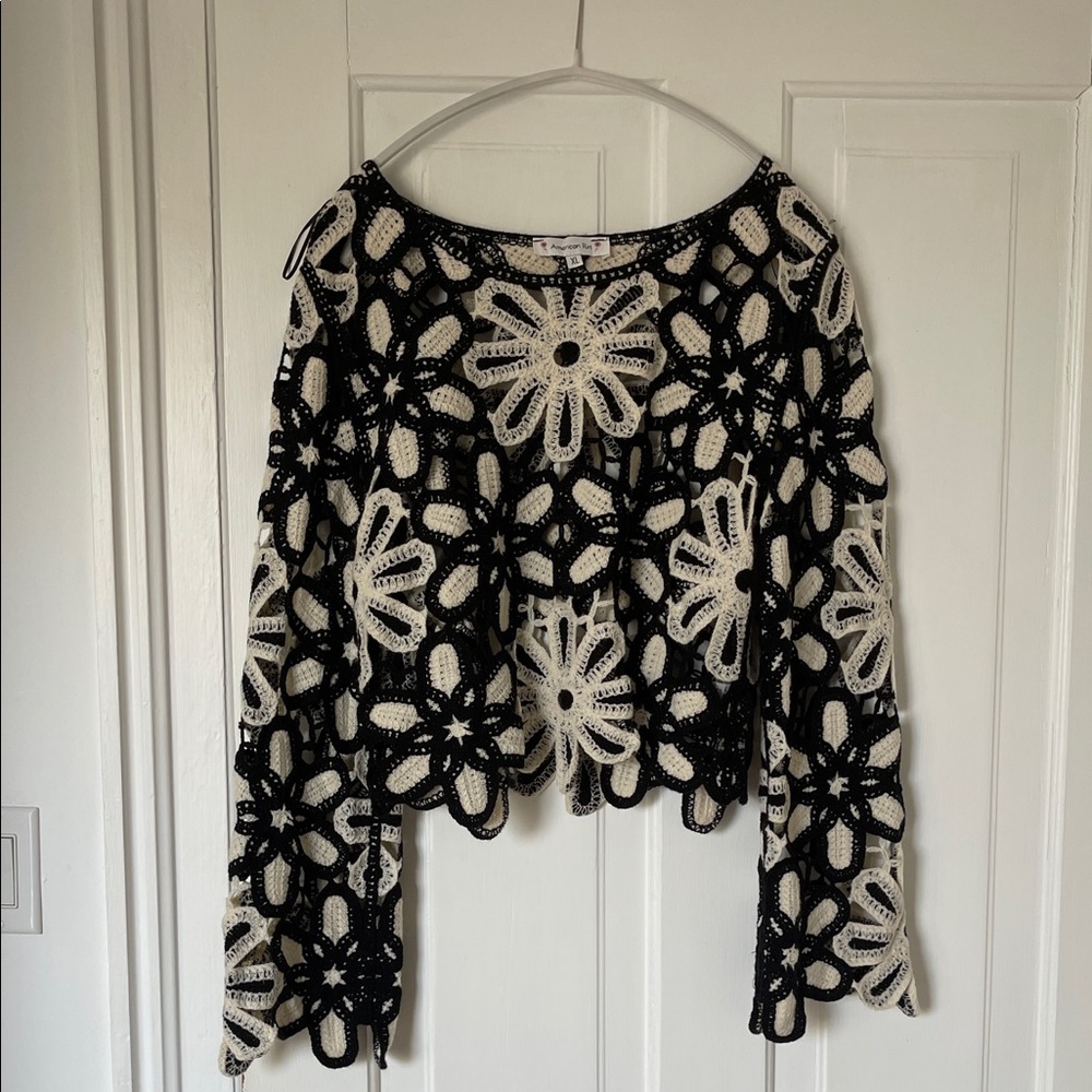 Black and Off White Crochet Floral Top